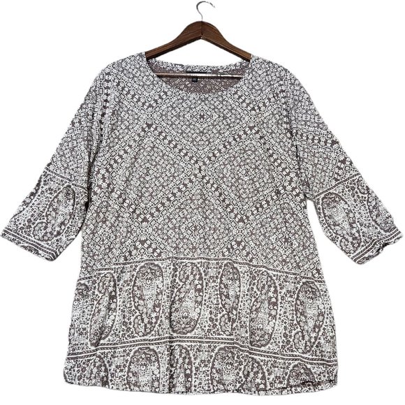 ❤️2/$18 Lucky Brand Boho Tunic Top 3/4 Sleeve Floral Paisley Print Stretch Plus - Picture 2 of 7